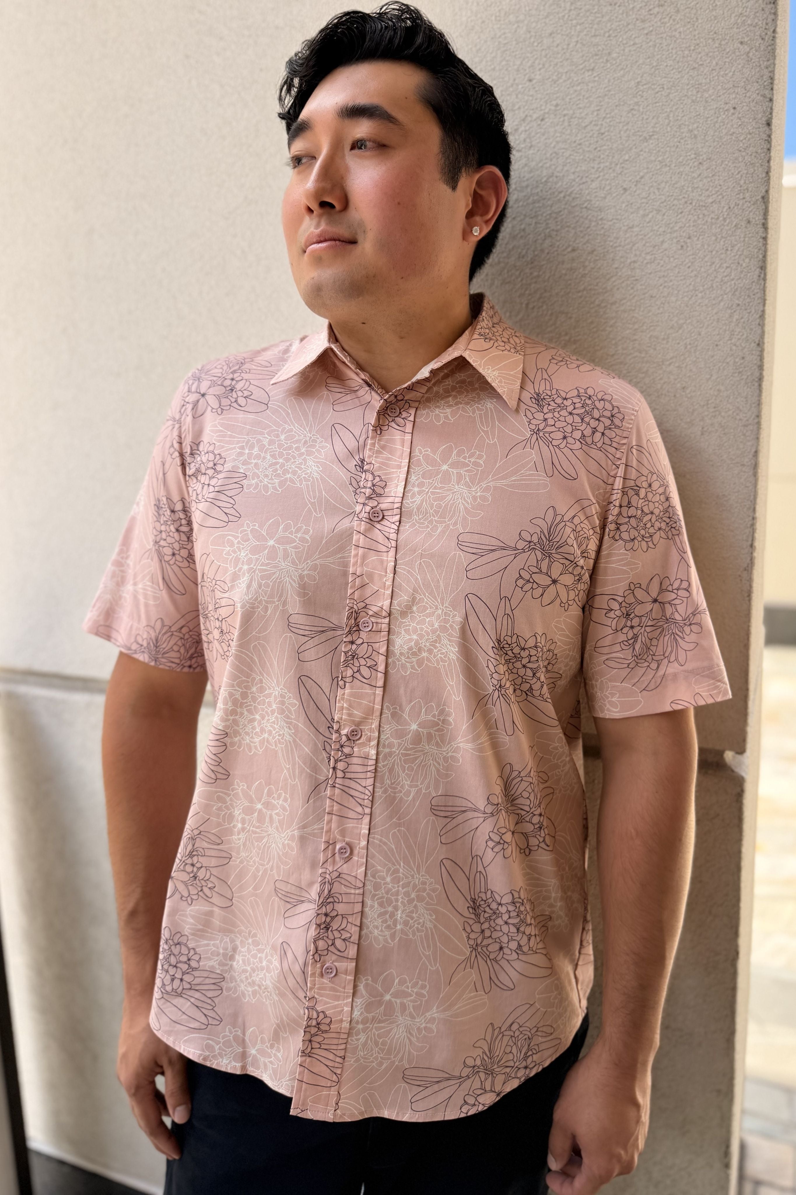 Mens Aloha Shirt Ulu Opal Pink Pua Melia