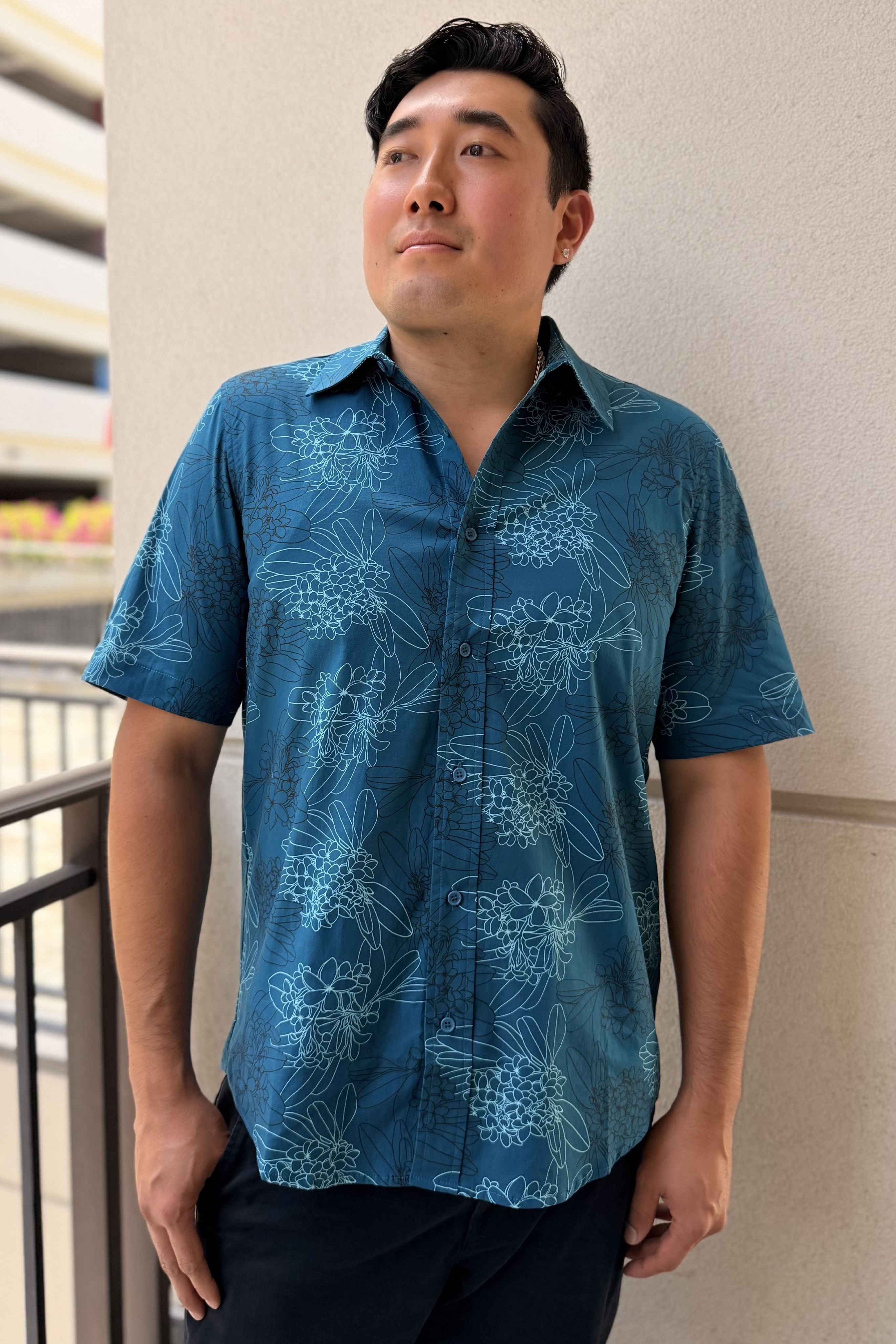 Mens Aloha Shirt Ulu Teal Pua Melia